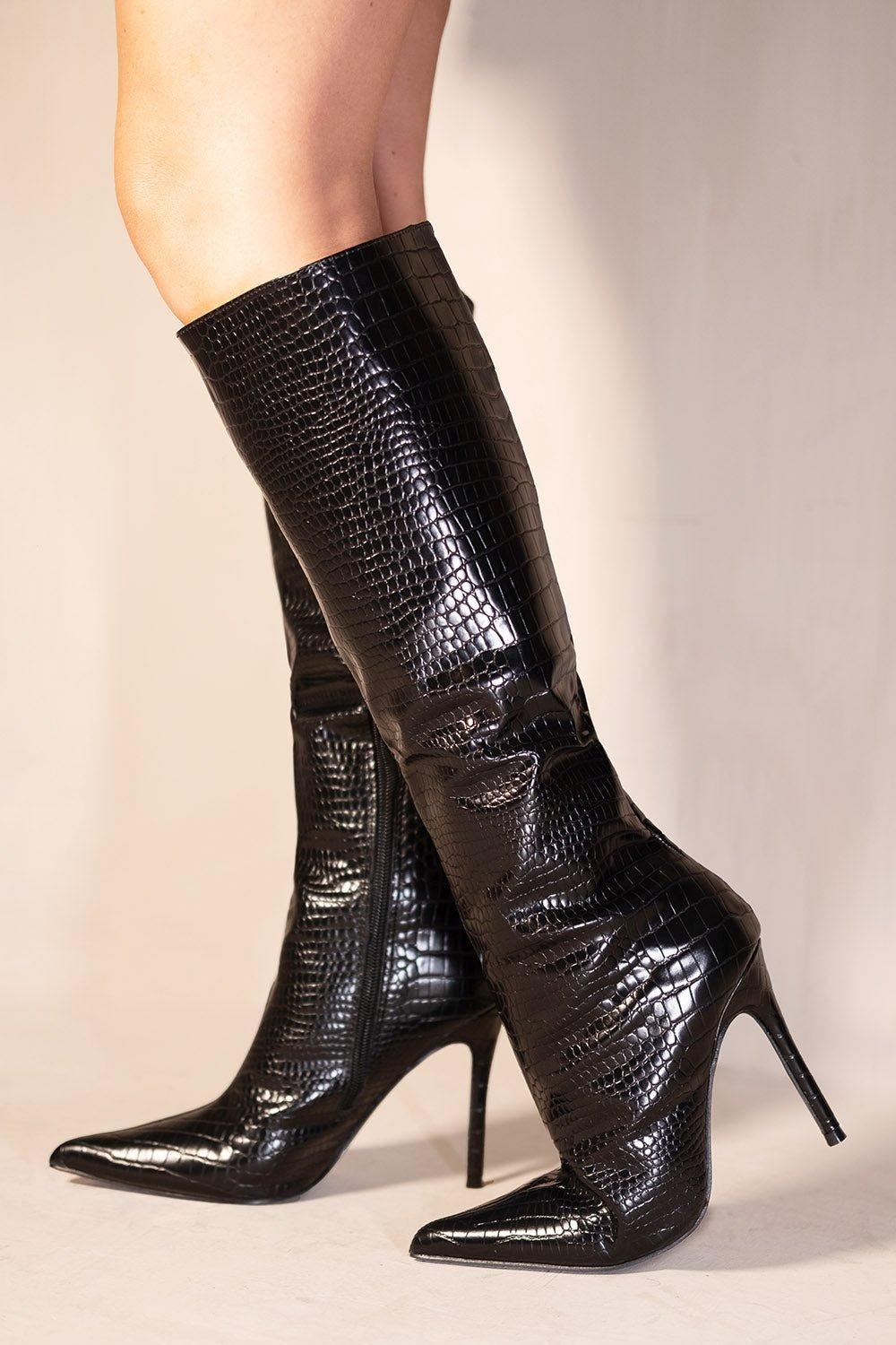 ''Rhiya' Pointed Toe Stiletto Heel Calf Boots With Side Zip Black Croc