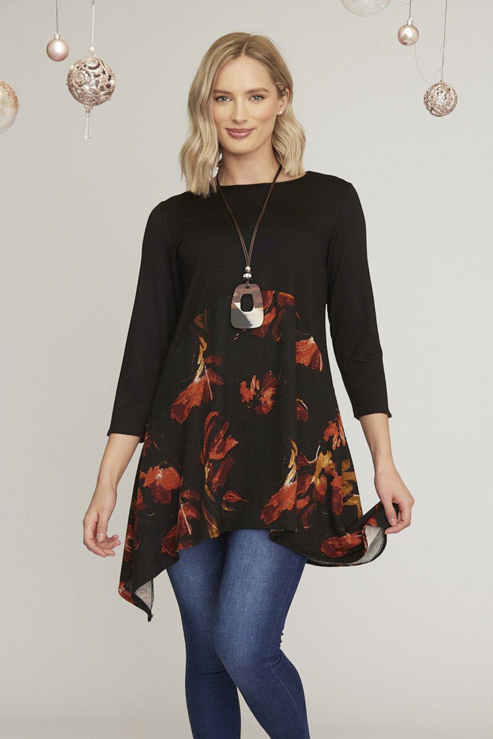 Autumn Leaves Print Tunic Dress with Necklace
