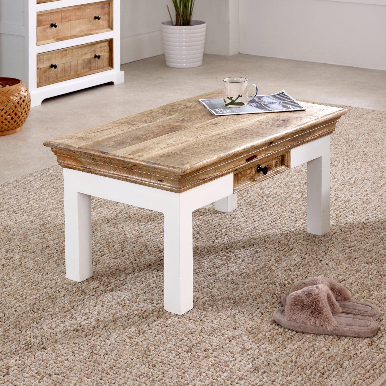 Curley Solid Mango Wood White Coffee Table With Drawer