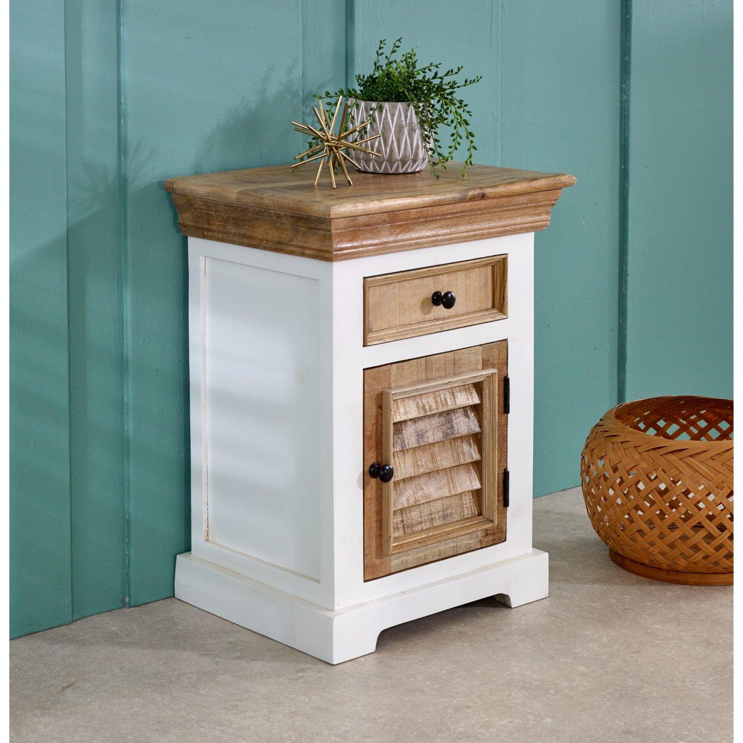 Curley Solid Mango Wood White Bedside Cabinet with 1 Darwer & 1 Door