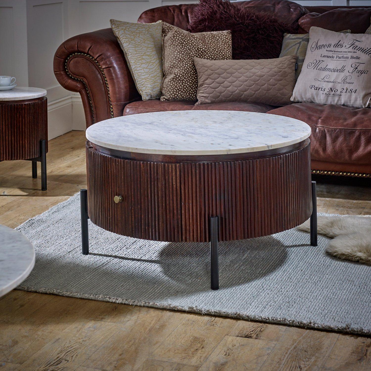Tilden Mango Wood Round Fluted Coffee Table With Marble Top & Metal Legs