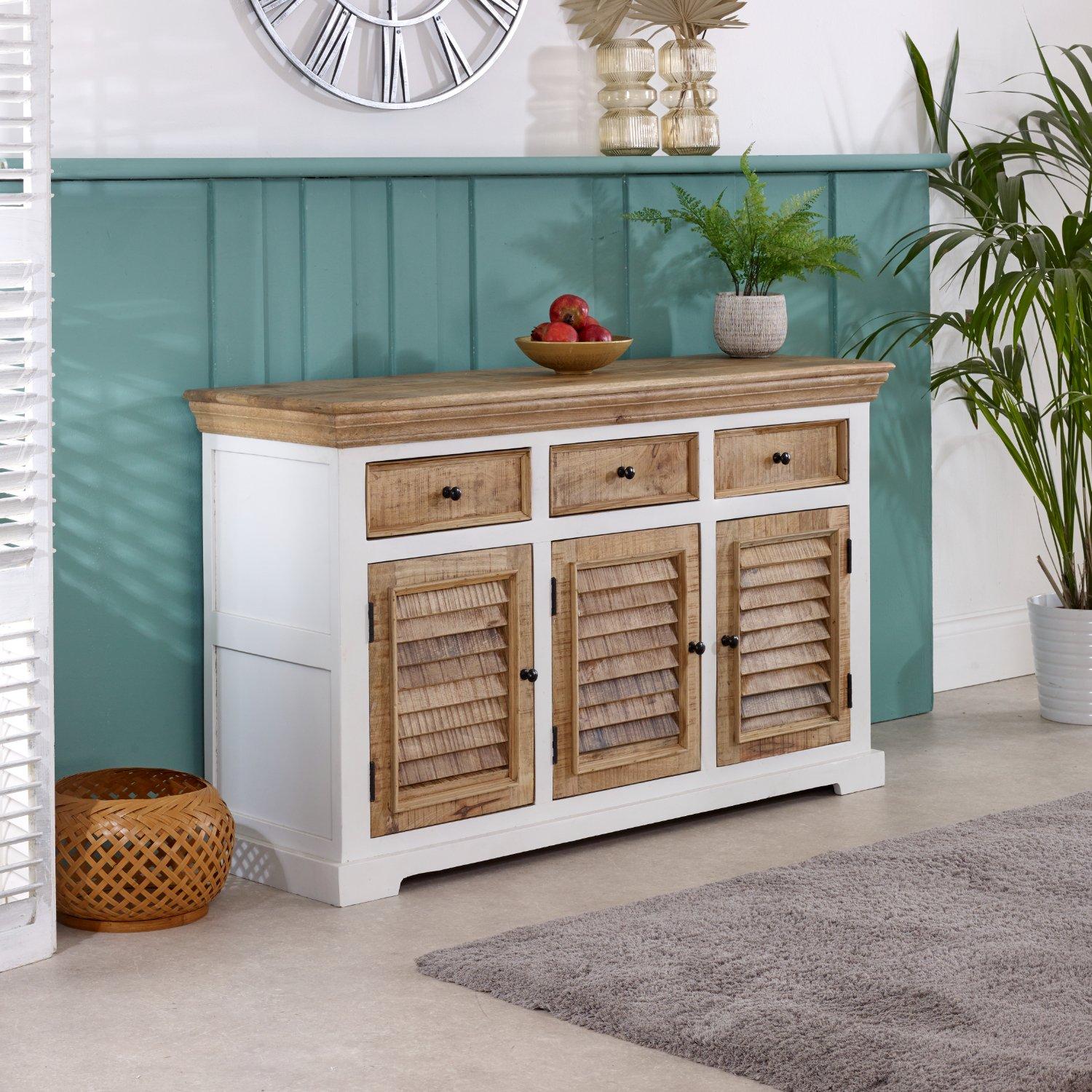 Curley Solid Mango Wood Large Sideboard 3 Doors & 3 Drawers White