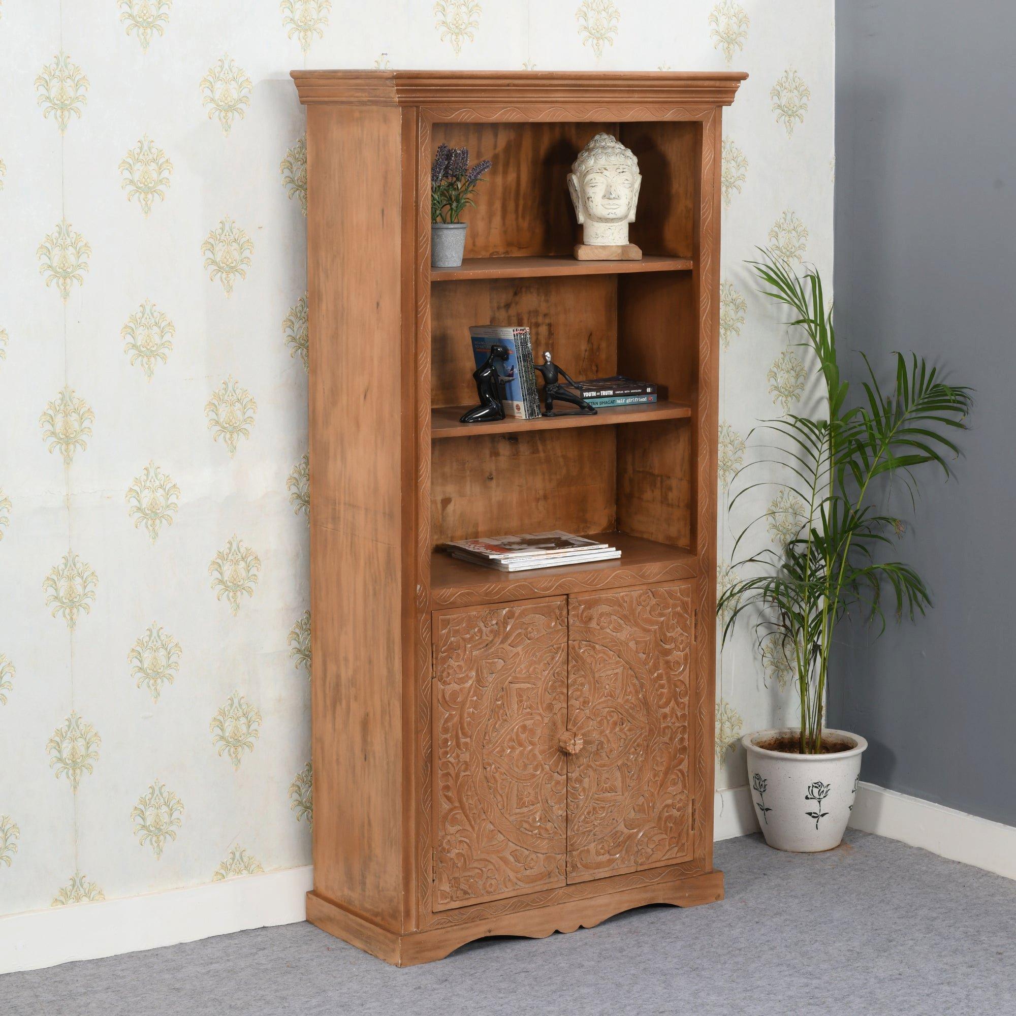 Darvell Mango Wood Large Corner Bookcase 3 Shelving & 1 Door