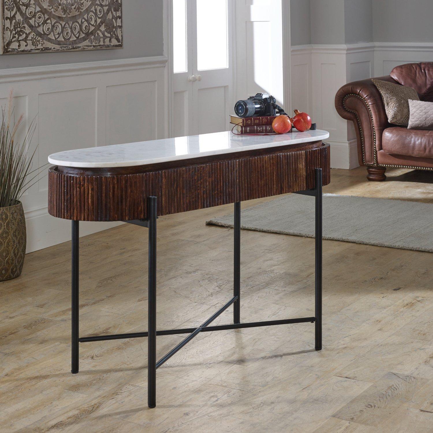 Tilden Mango Wood Console Table With Marble Top And Metal Legs