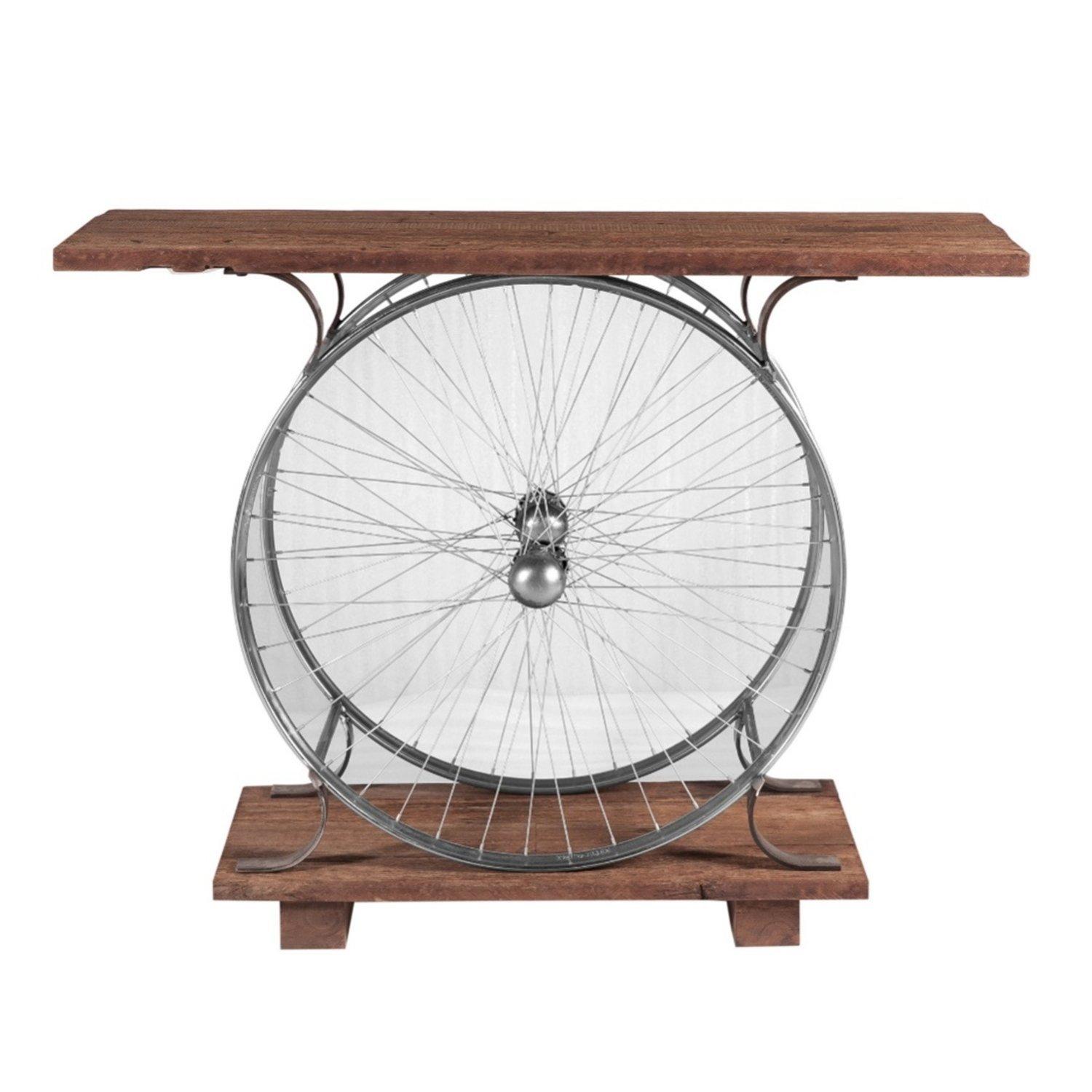 Natural Reclaimed Wood & Metal Console Table Wheel