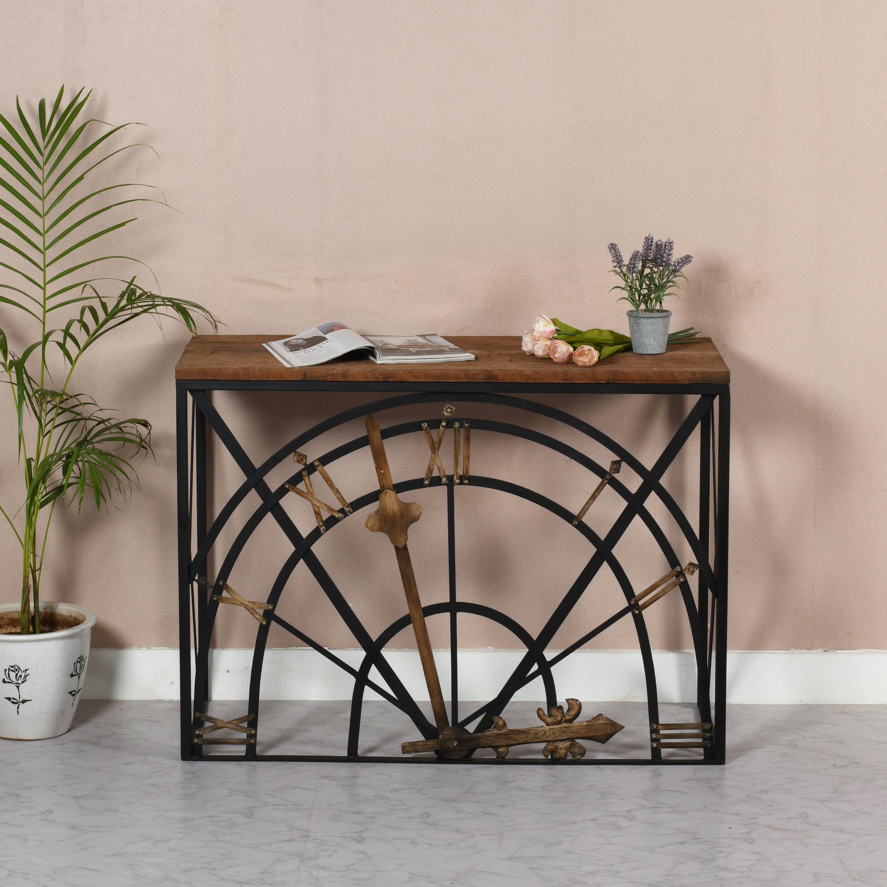 Natural Reclaimed Wood & Metal Half Clock Console Table