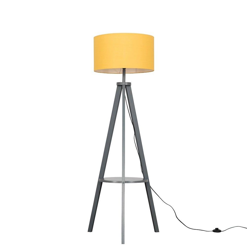 Morrigan Grey Tripod Wooden Floor Lamp With Mustard Fabric Shade