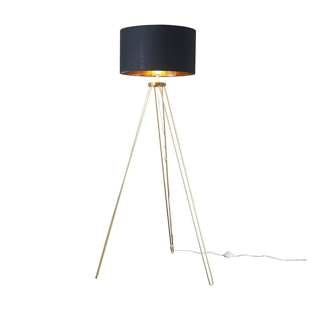 Aero Gold Metal Tripod Floor Lamp With Large Black And Gold Shade And Warm White Bulb