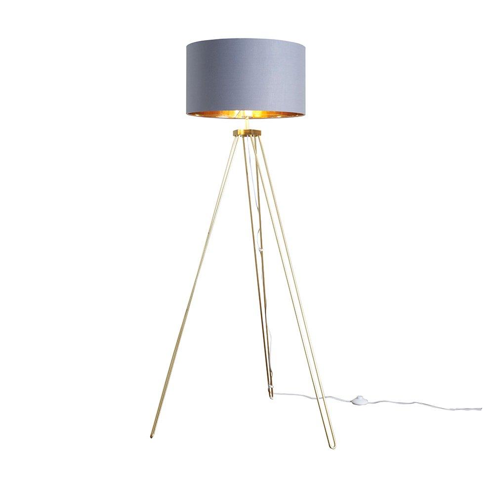 Modern Gold Hairpin Design Tripod Floor Lamp With Grey Gold Drum Shade
