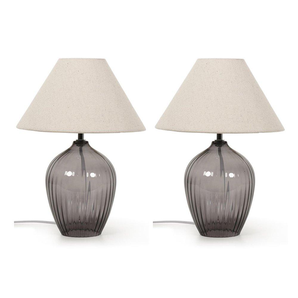 Pair Of Olivet Grey Glass Table Lamp With Cream Tapered Shades