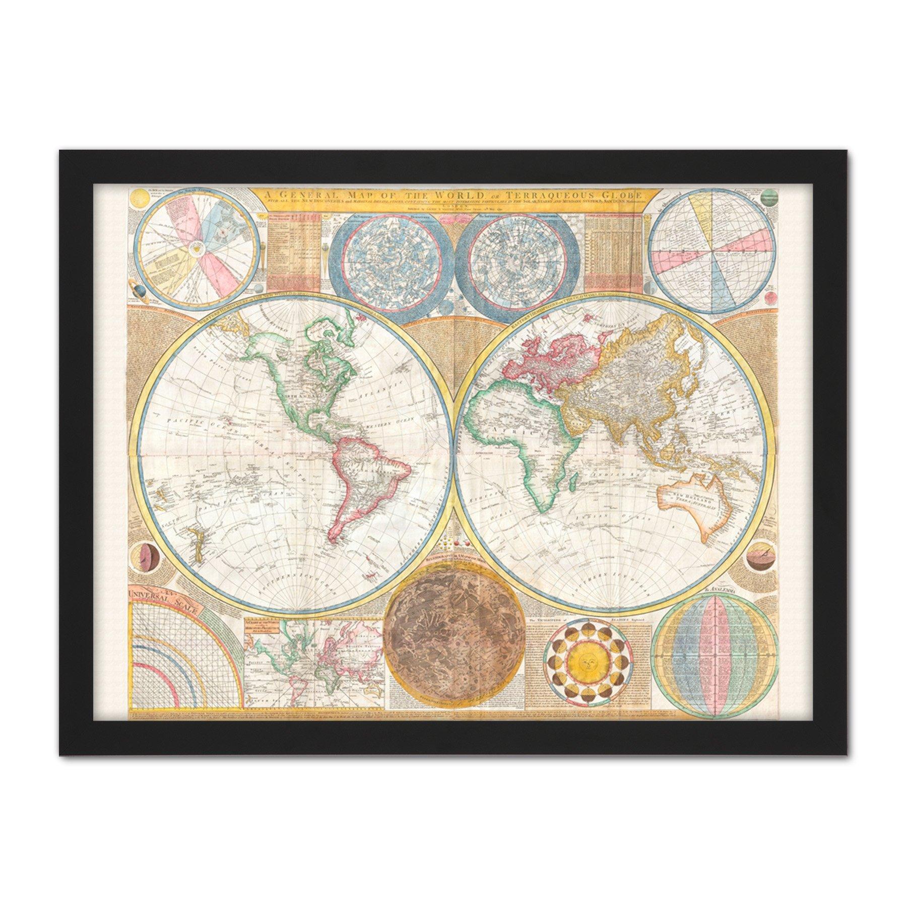 Dunn Map 1794 World Solar Double Hemisphere Large Framed Wall Decor Art Print