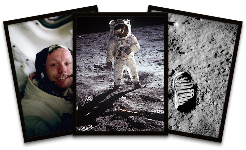 NASA Apollo 11 Space Armstrong Aldrin Moon Landing Anniversary Black Framed Wall Art Print Pack of 3