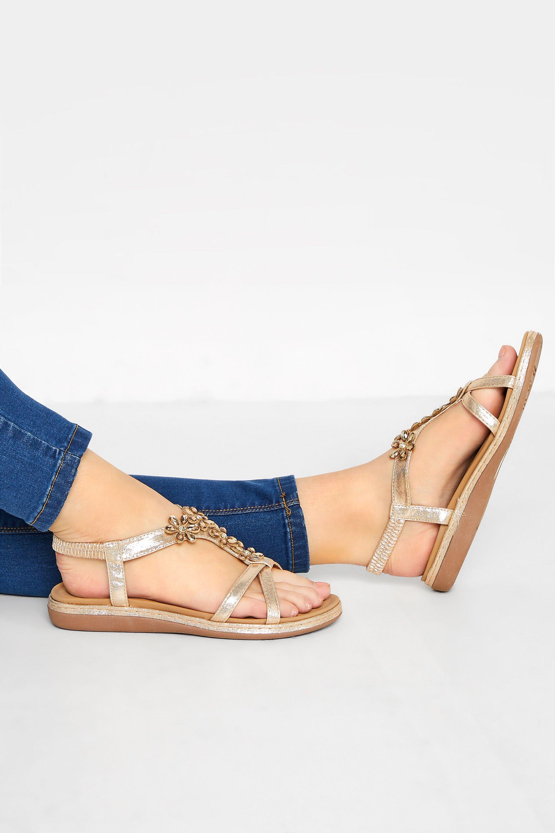 Rose Gold Diamante Flower Sandals In Wide E Fit & Extra Wide Fit