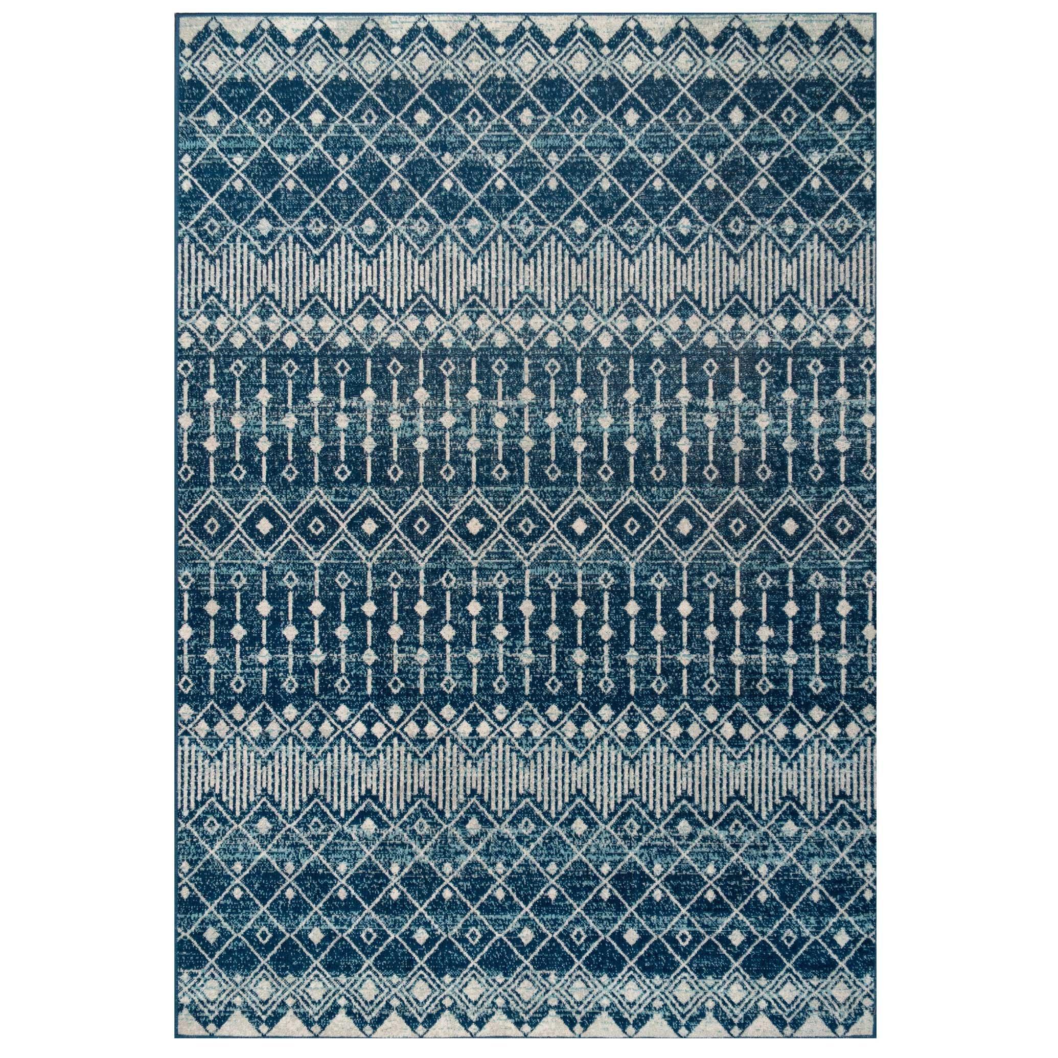 Navy Blue Aztec Pattern Distressed Low Pile Area Rug
