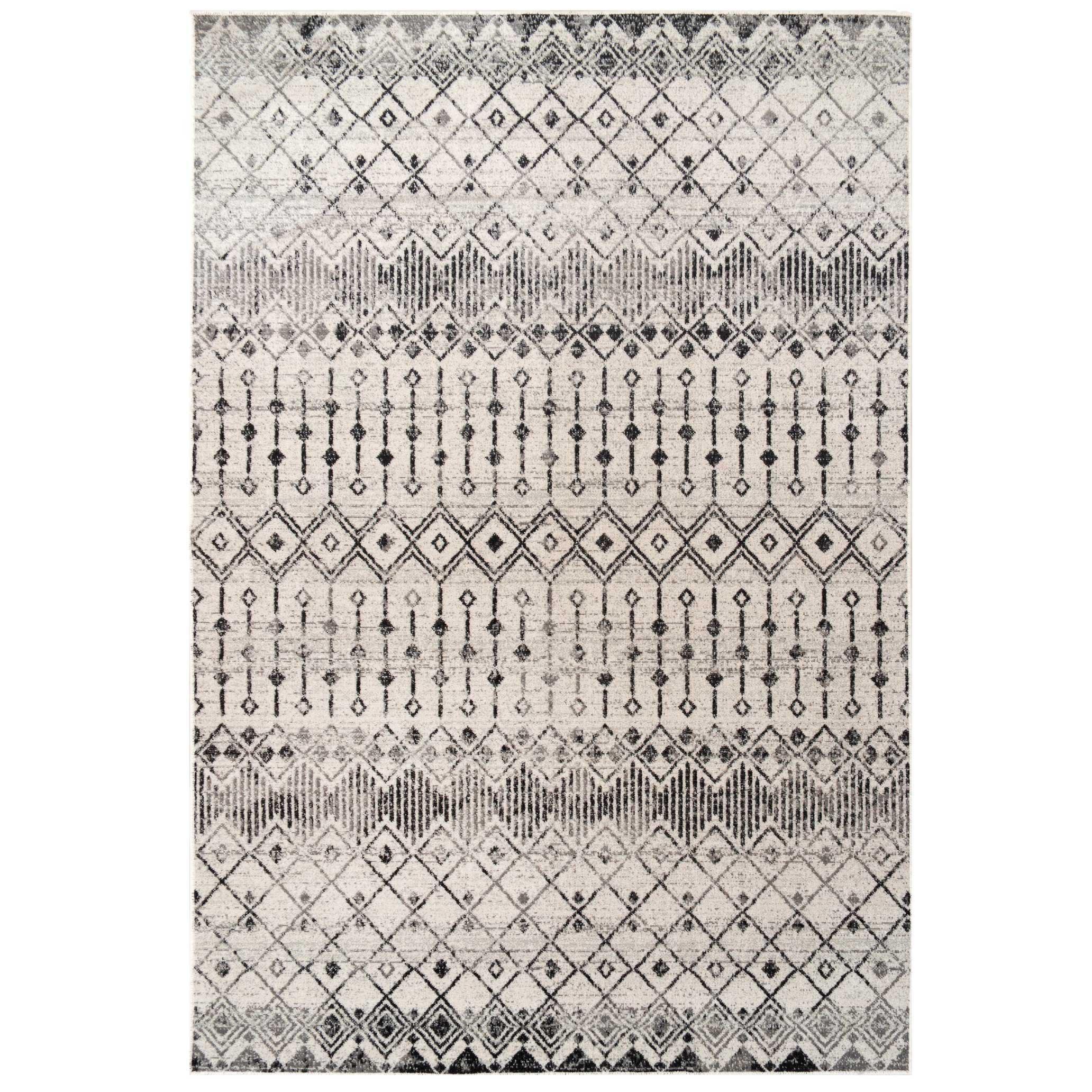 Grey Aztec Tribal Pattern Distressed Low Pile Area Rug