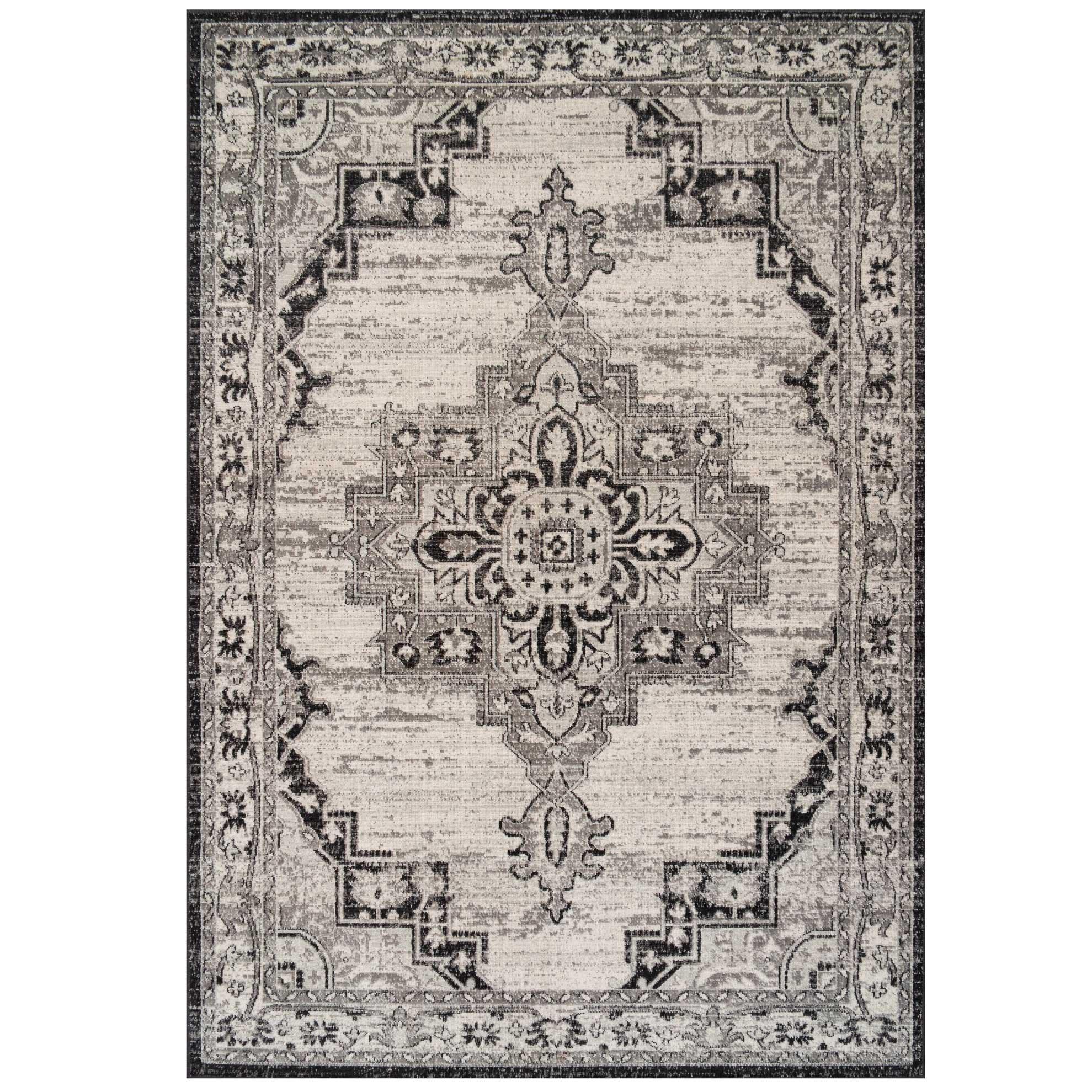 Grey Black Traditional Style Medalion Living Area Rug