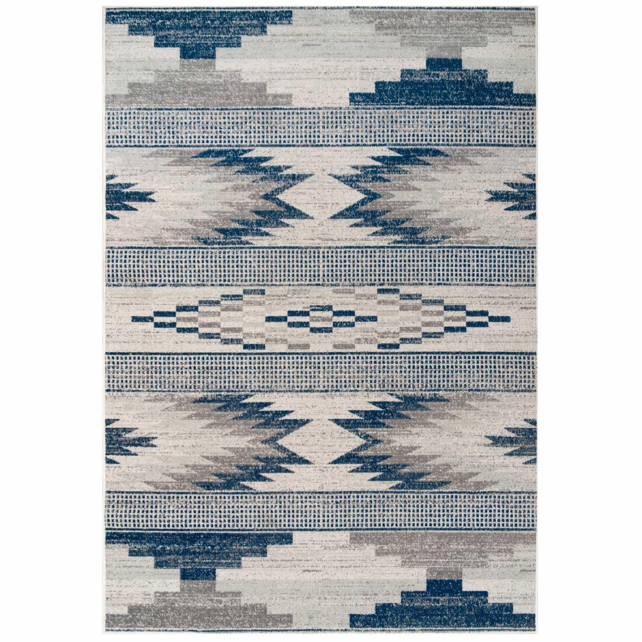 Blue Grey Aztec Tribal Low Pile Soft Living Room Rug