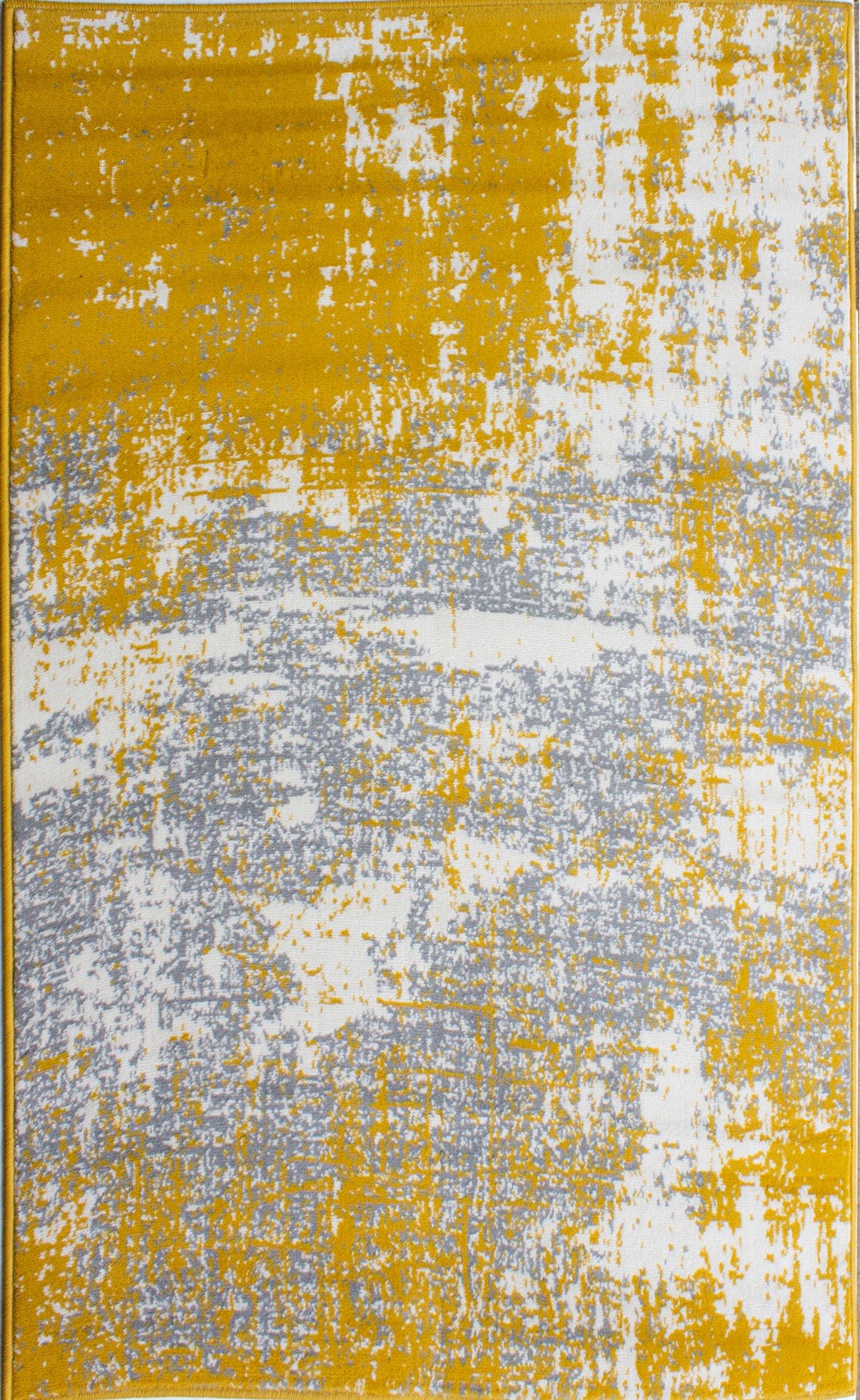 Yellow Ochre Grey Distressed Abstract Living Area Rug