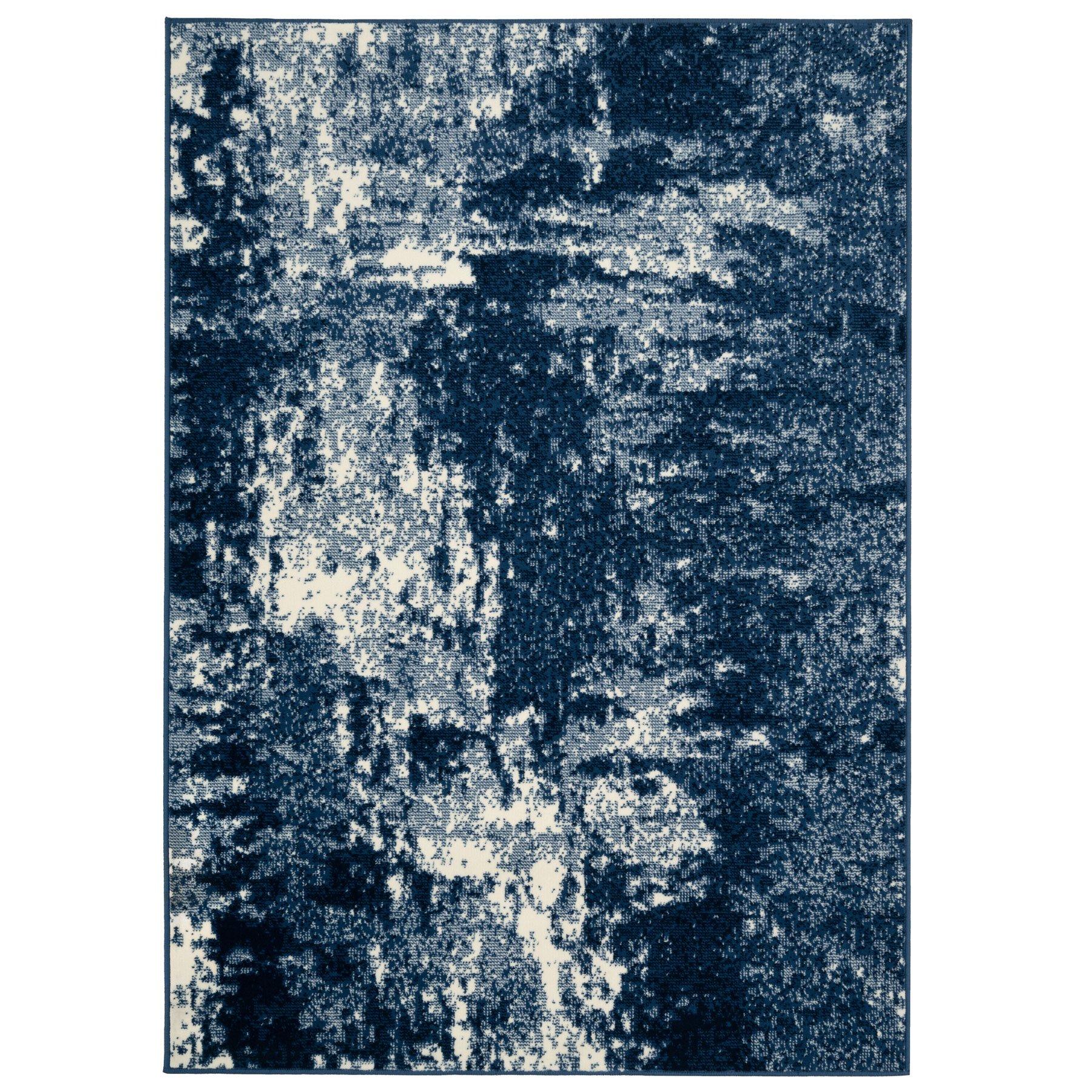 Navy Blue White Distressed Abstract Living Area Rug