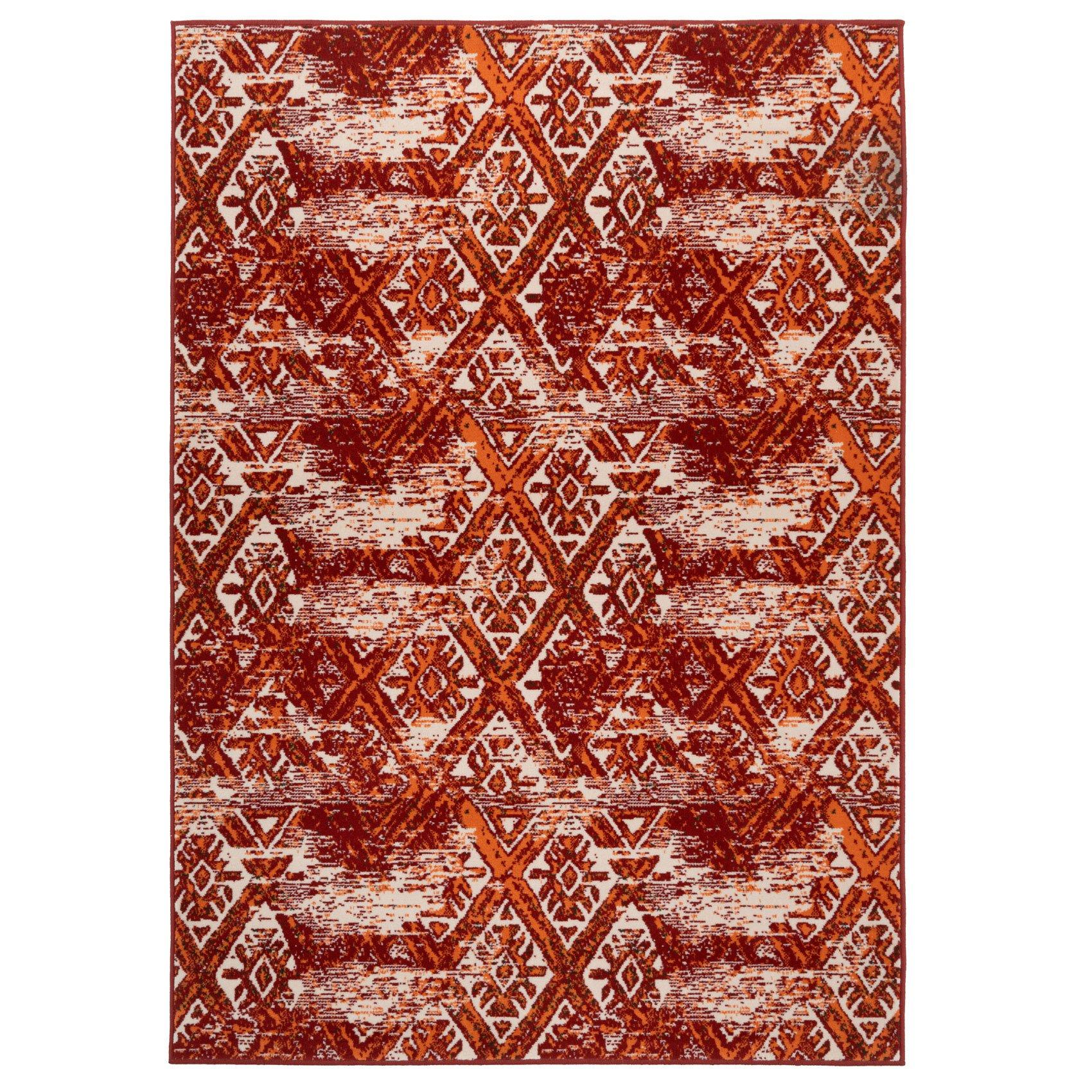 Red Terracotta Distressed Aztec Living Area Rug