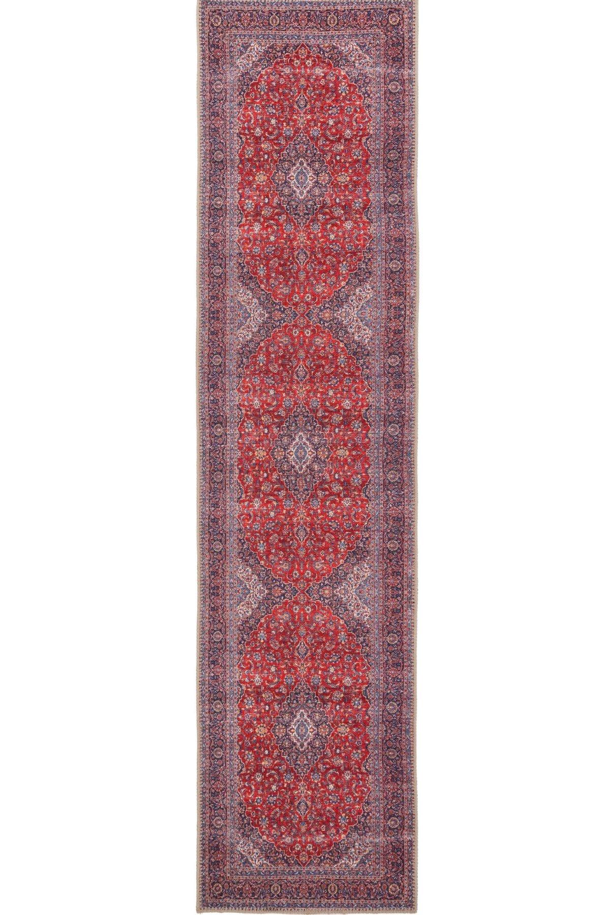 Red Traditional Floral Hallway Runner Rug Non Slip & Washable