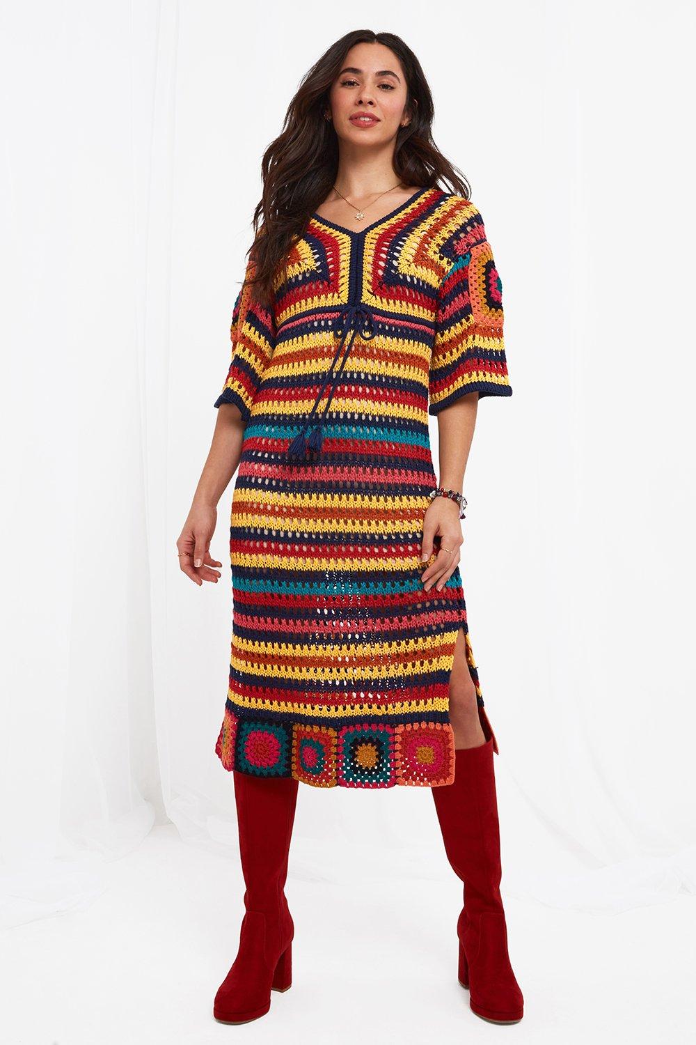 Crochet Knit Tie Waist Striped Knee Length Dress