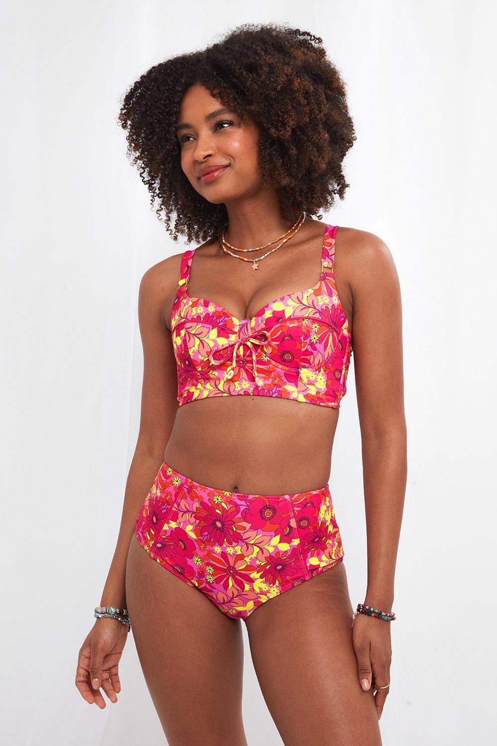 Bright Floral Mix and Match Figure Flattering High Waisted Bikini Bottom Brief