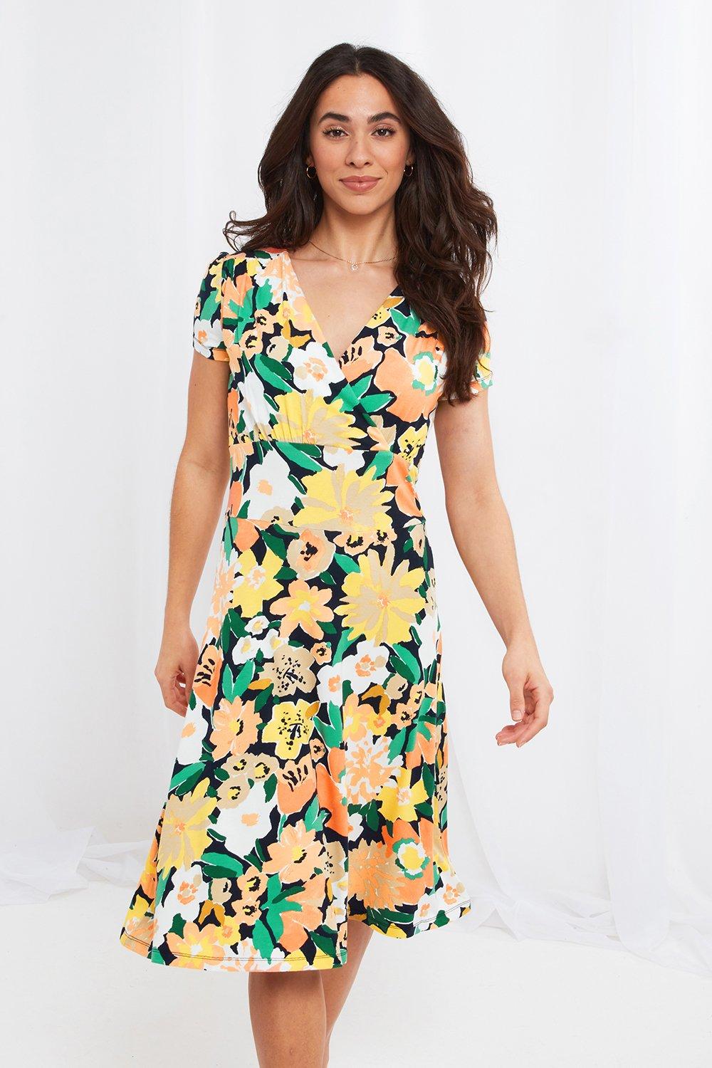 Floral Ruched Bodice Short Sleeve Jersey Dress