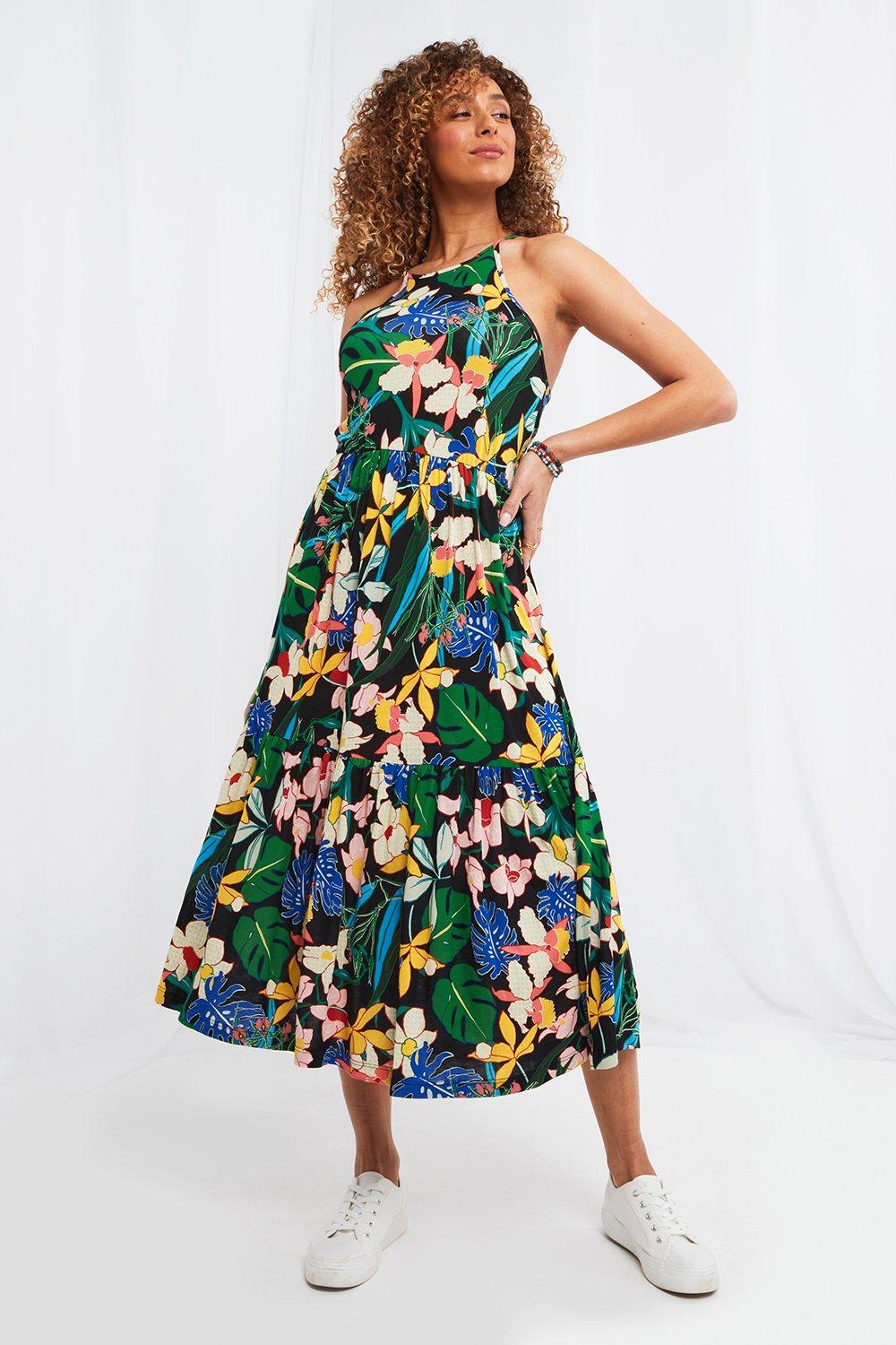 Tropical Print Halterneck Jersey Midi Dress