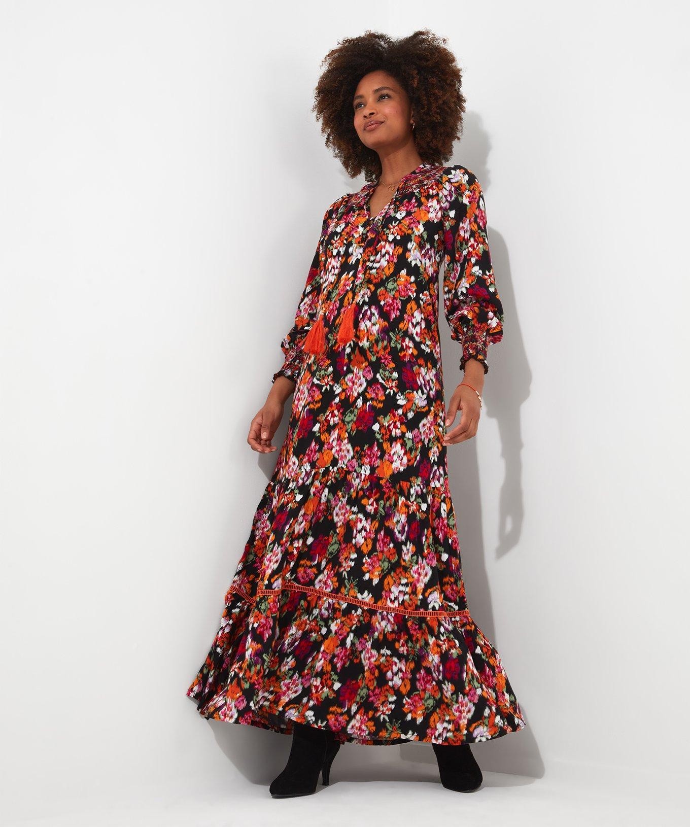 Abstract Winter Floral Tie Neck Maxi Dress