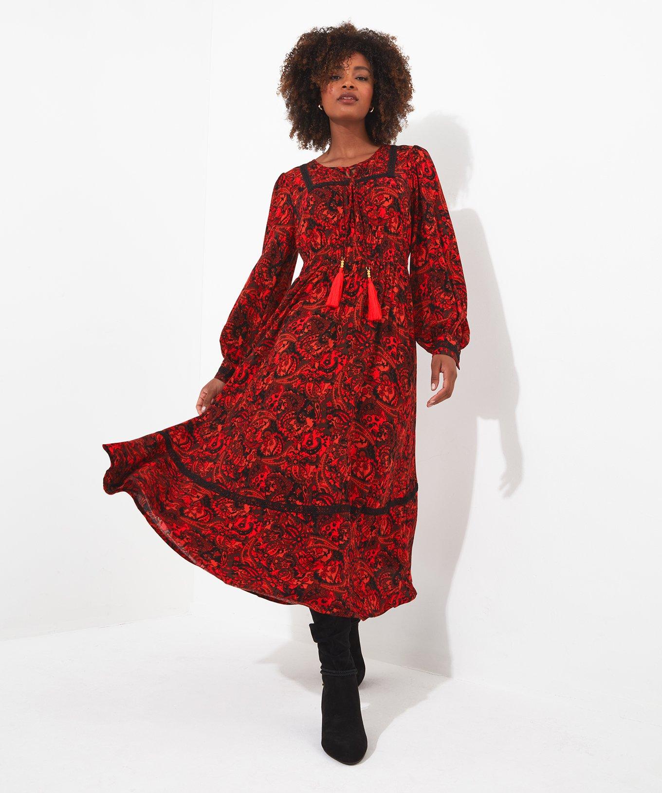 Autumnal Paisley Shirred Waist Midaxi Dress