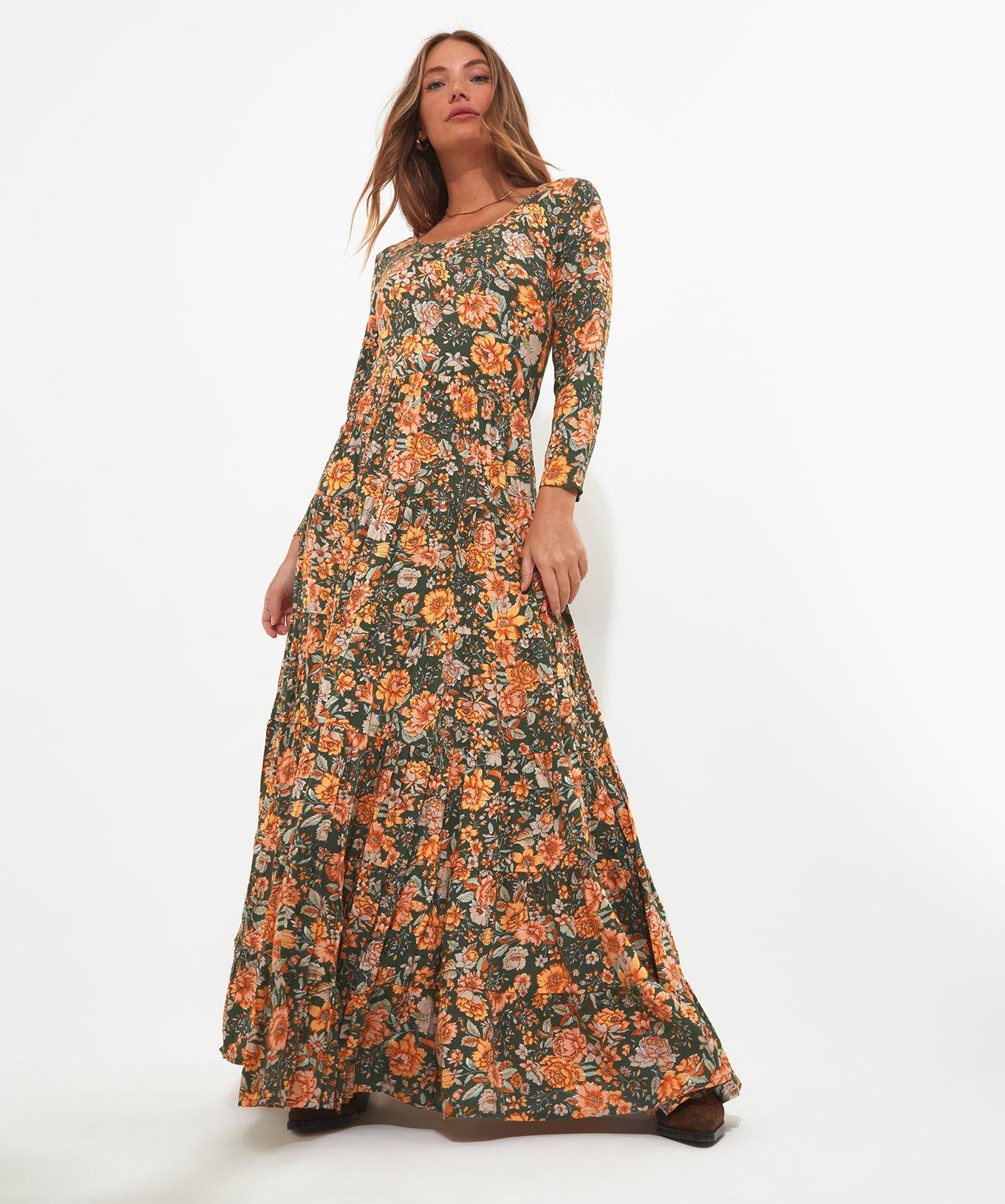 Boho Floral Print Long Sleeve Maxi Dress