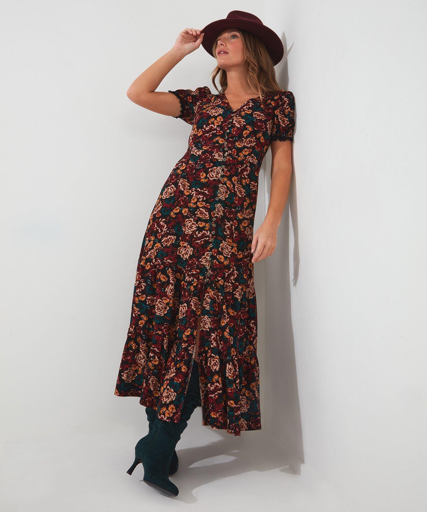 Vintage Autumnal Floral Puff Sleeve Midaxi Dress