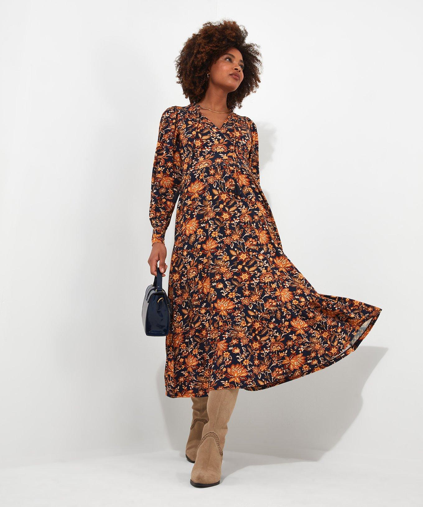 Floral Frilly Neck Puff Sleeve Maxi Dress