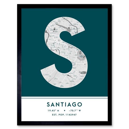 Wee Blue Coo Santiago Dominican Republic City Map Modern Typography Stylish Letter Framed Word Wall Art Print Poster for Home Décor 1