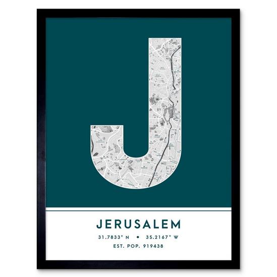 Wee Blue Coo Jerusalem Israel City Map Modern Typography Stylish Letter Framed Word Wall Art Print Poster for Home Décor 1