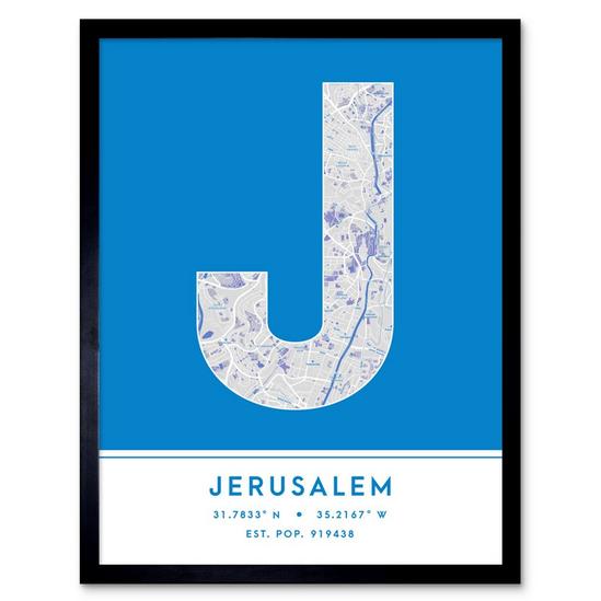 Wee Blue Coo Jerusalem Israel City Map Modern Typography Stylish Letter Framed Word Wall Art Print Poster for Home Décor 1