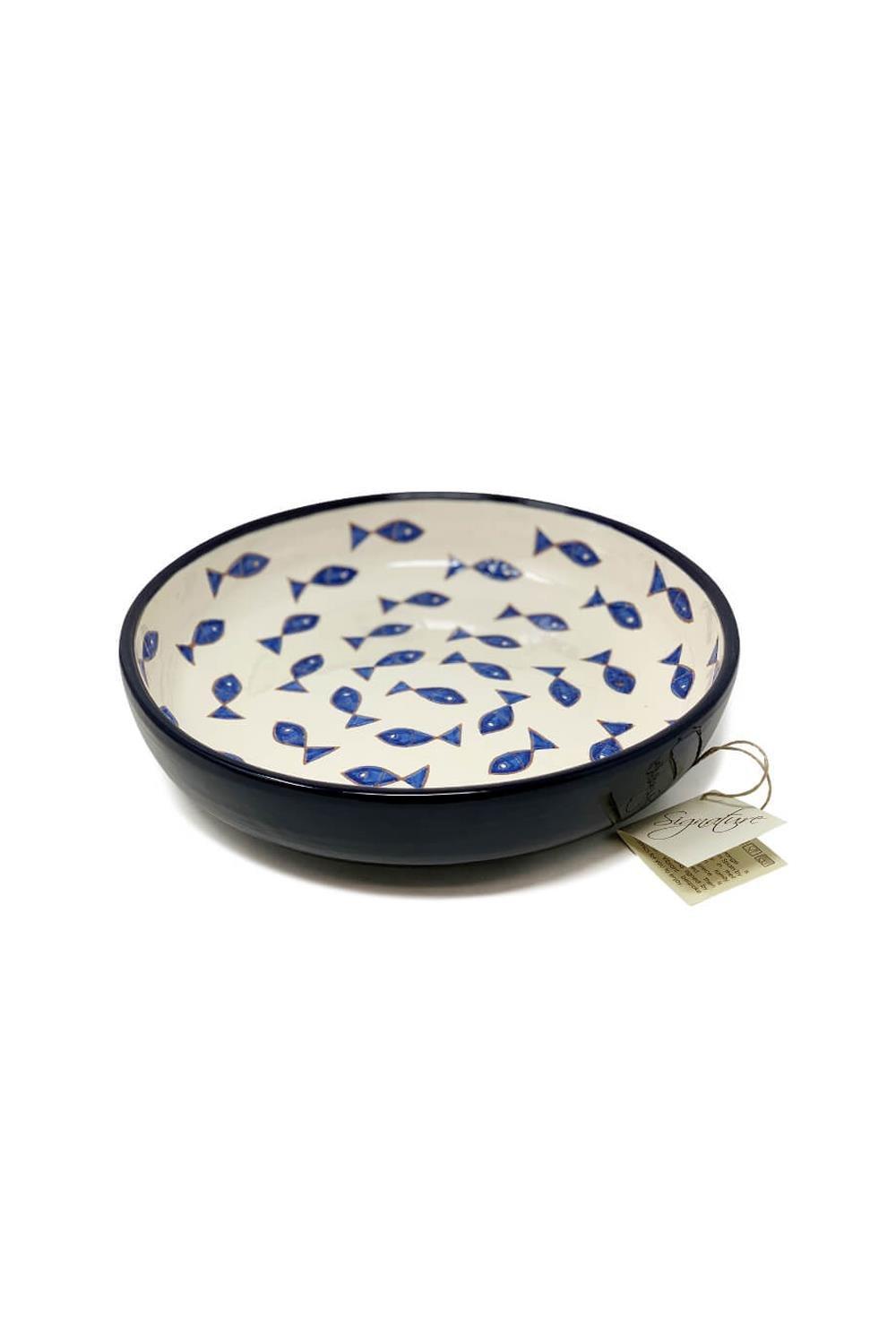 Signature Blue & White Fish Hand Painted Ceramic Kitchen Dining Large Bowl (Diam) 27cm