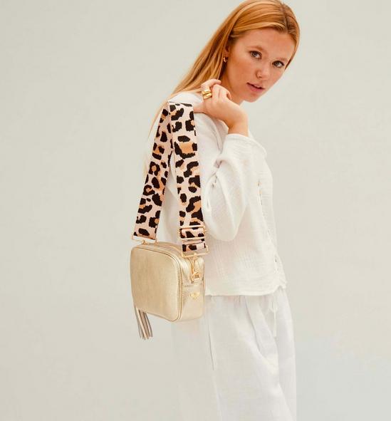 Apatchy London Gold Leather Crossbody Bag With Pale Pink Leopard Strap 6