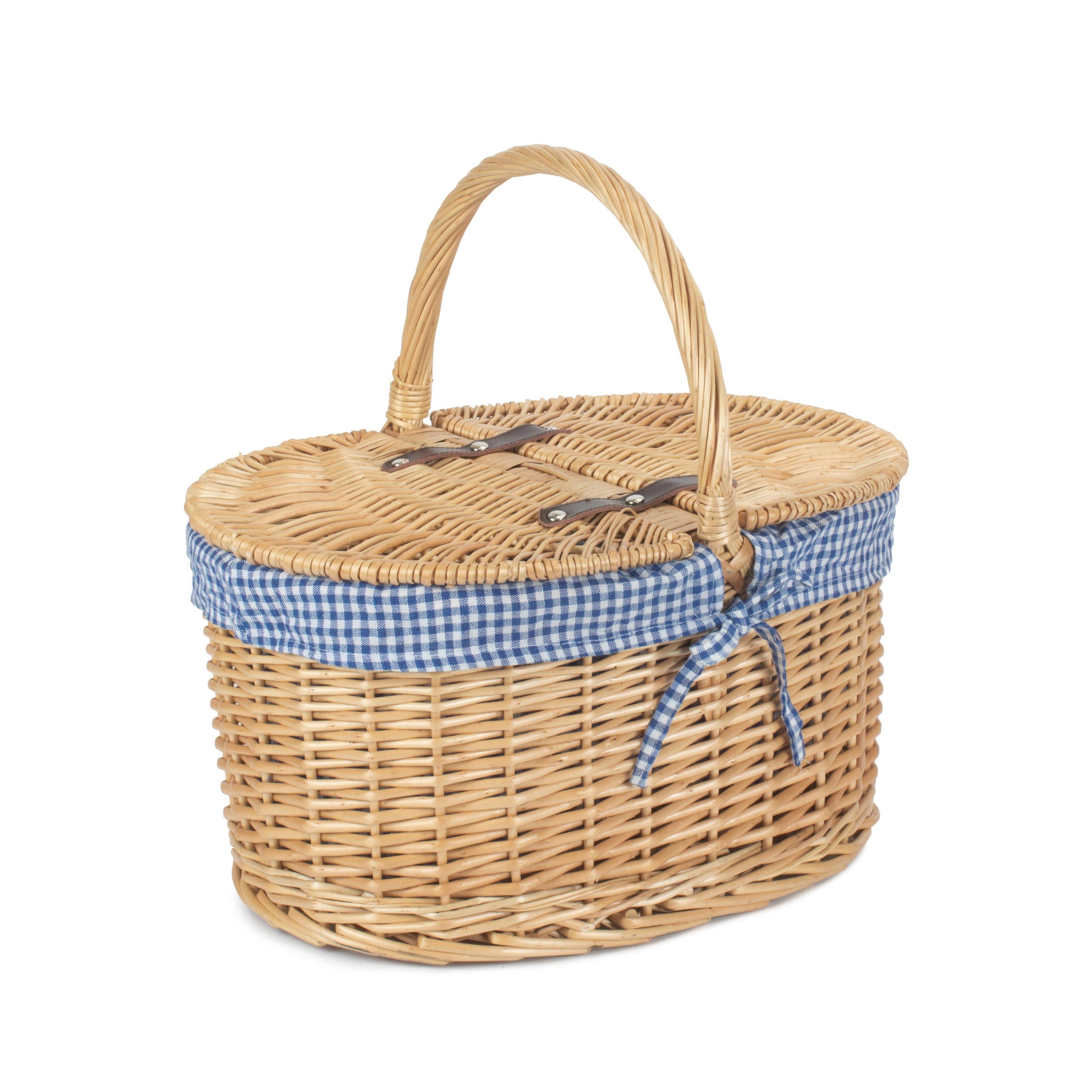 Wicker Blue Check Lining Oval Picnic Basket