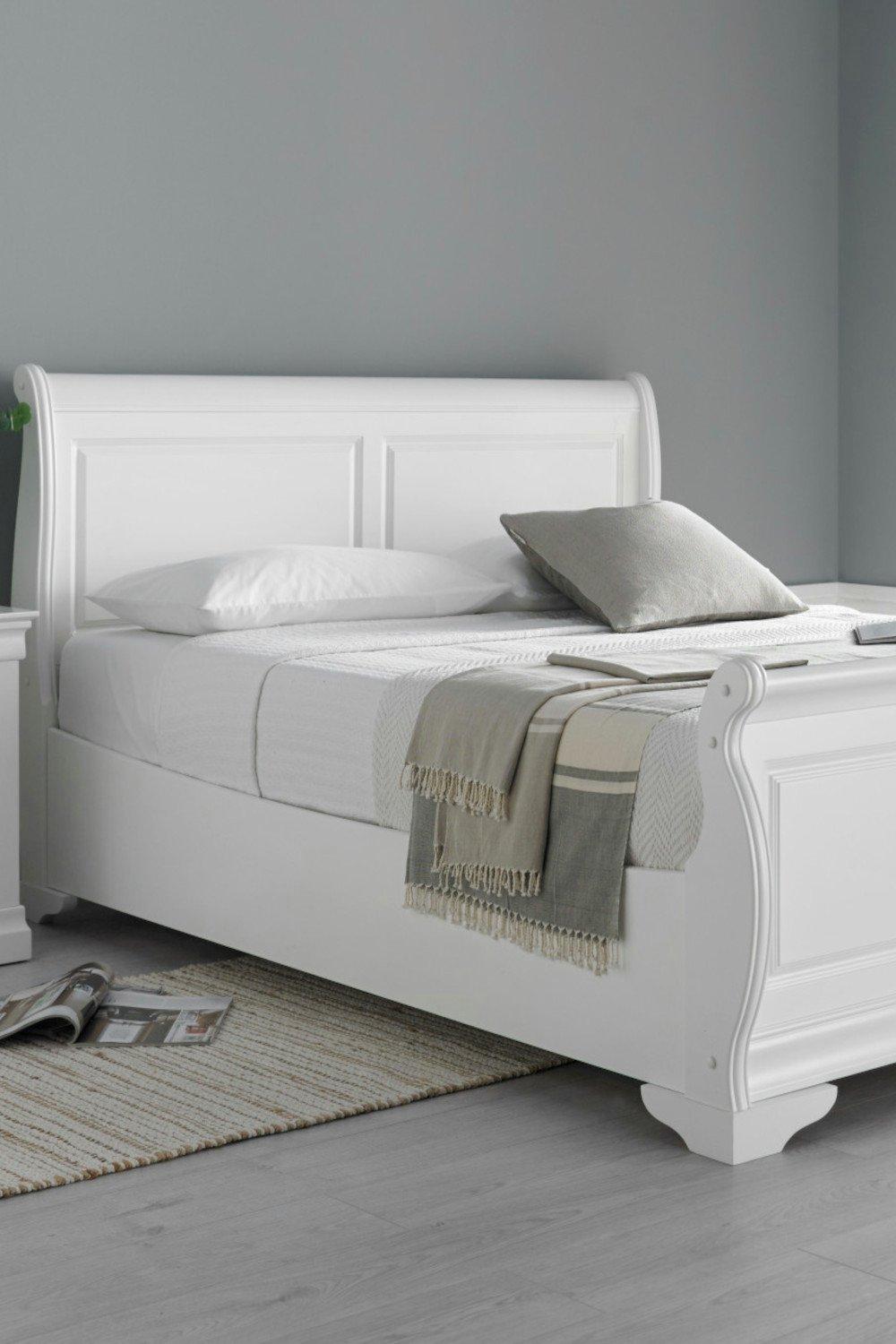 Toulon White Wooden Sleigh Bed - Bed Frame
