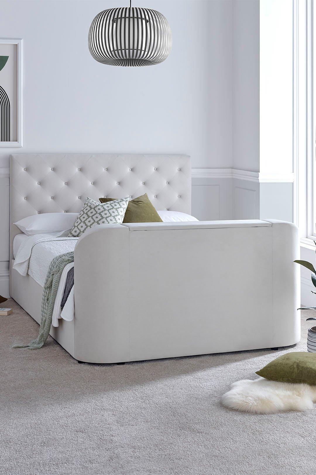 rhea upholstered tv bed natural velvet - bed frame only