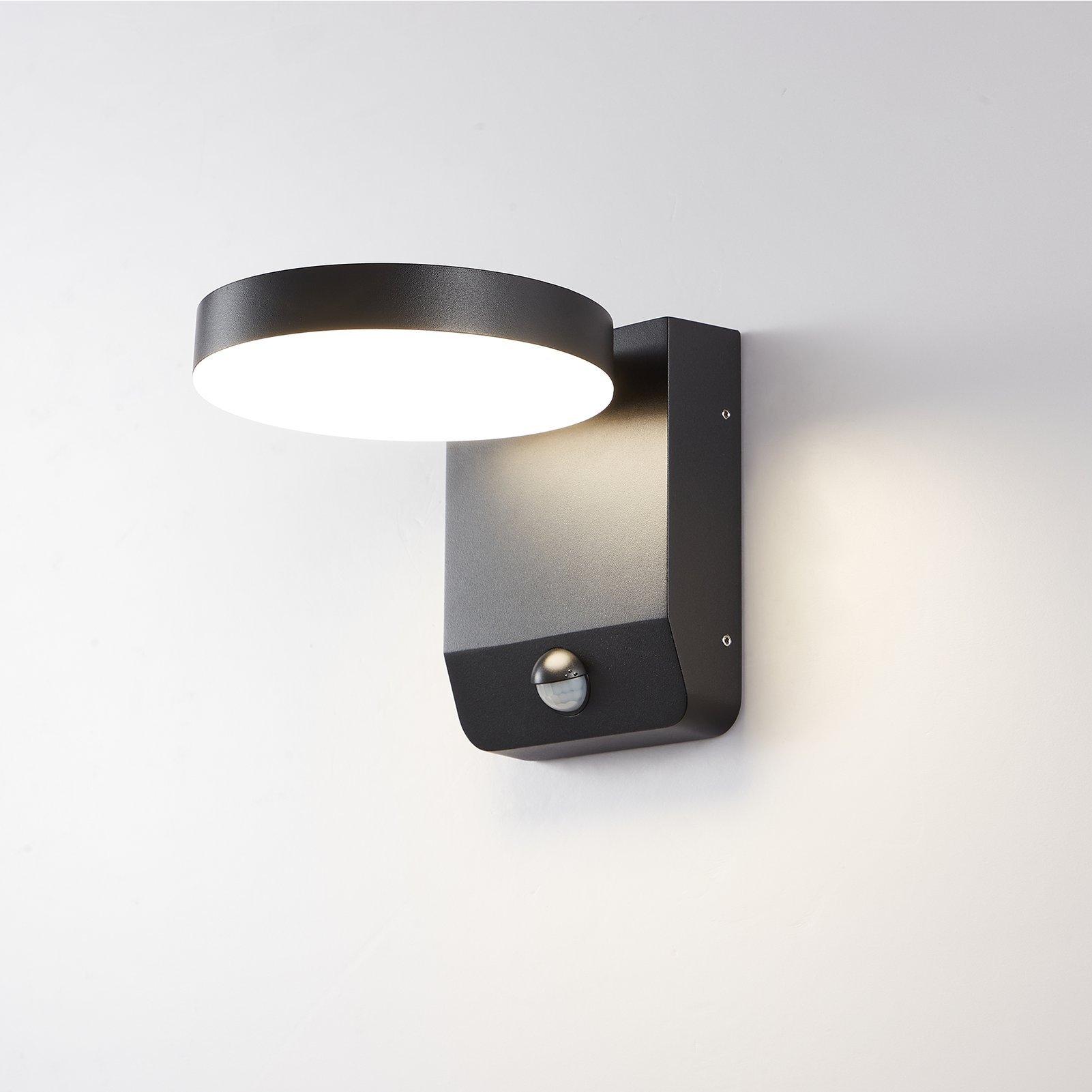 Matt Black Modern Round LED Outdoor Wall Light Mains Powered, Weatherproof, with PIR Sensor