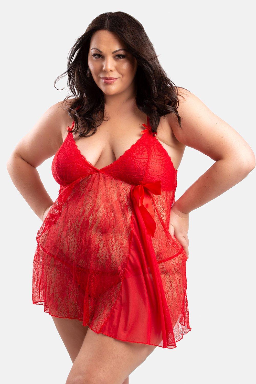 Lily Plus Size Lace & Mesh Nightie with Bow