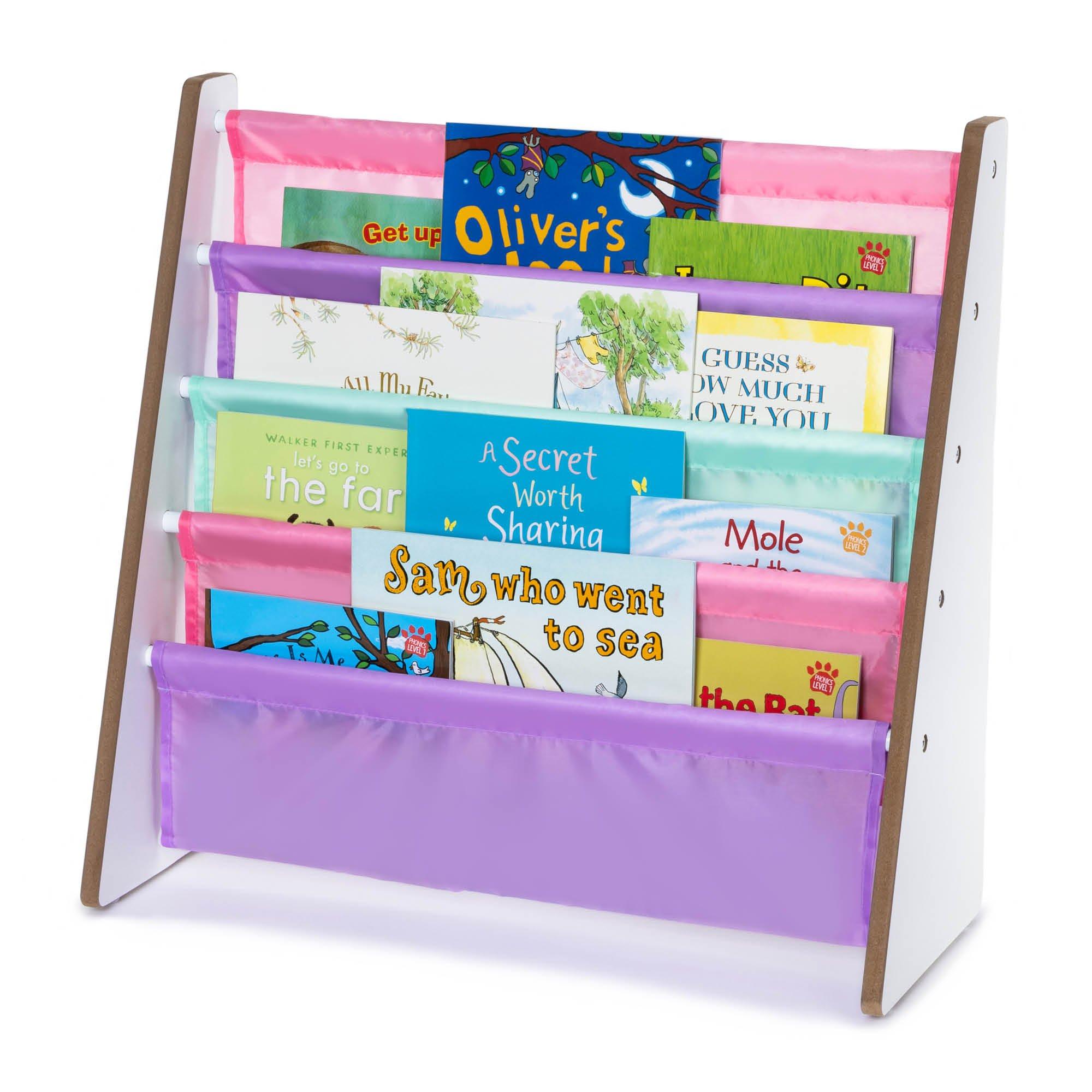 5-Tier Children Sling Bookcase with Fabric Shelves - Wooden Storage Rack
