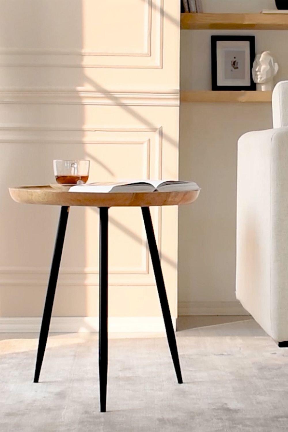 'Chervey' Side Table Solid Mango Wood With Black Tri-Pin Legs