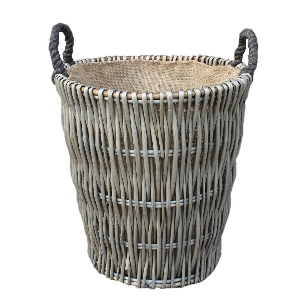 Wicker Tall Grey Round Hessian Lined Log Basket