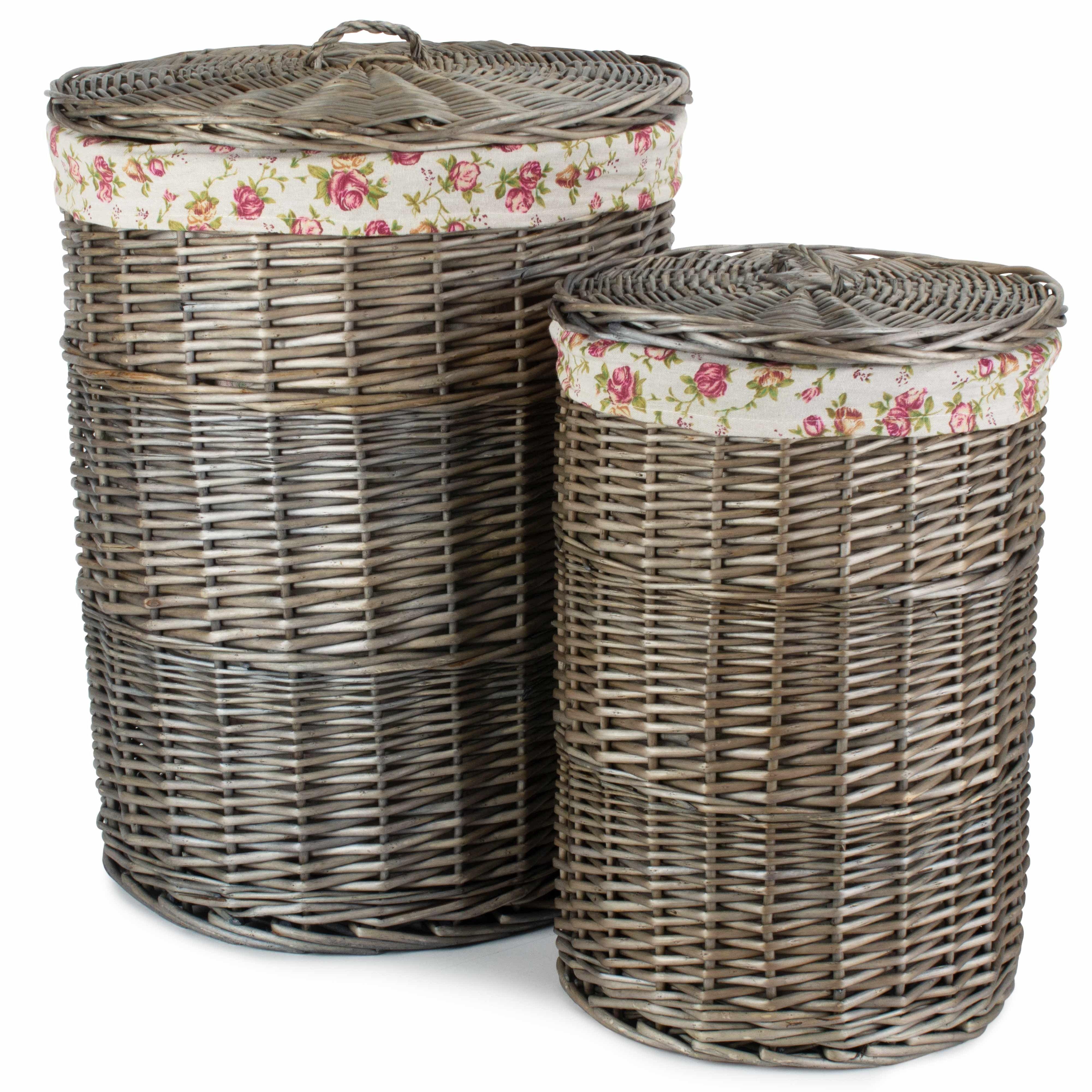 Set of 2 Cotton Lined Wicker Antique Wash Round Laundry Baskets
