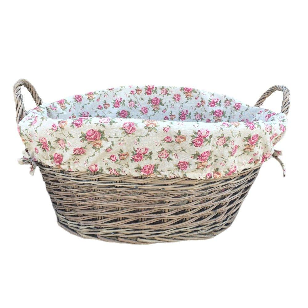 Wicker Antique Wash Finish Lined Wash Basket With Garden Rose Lining