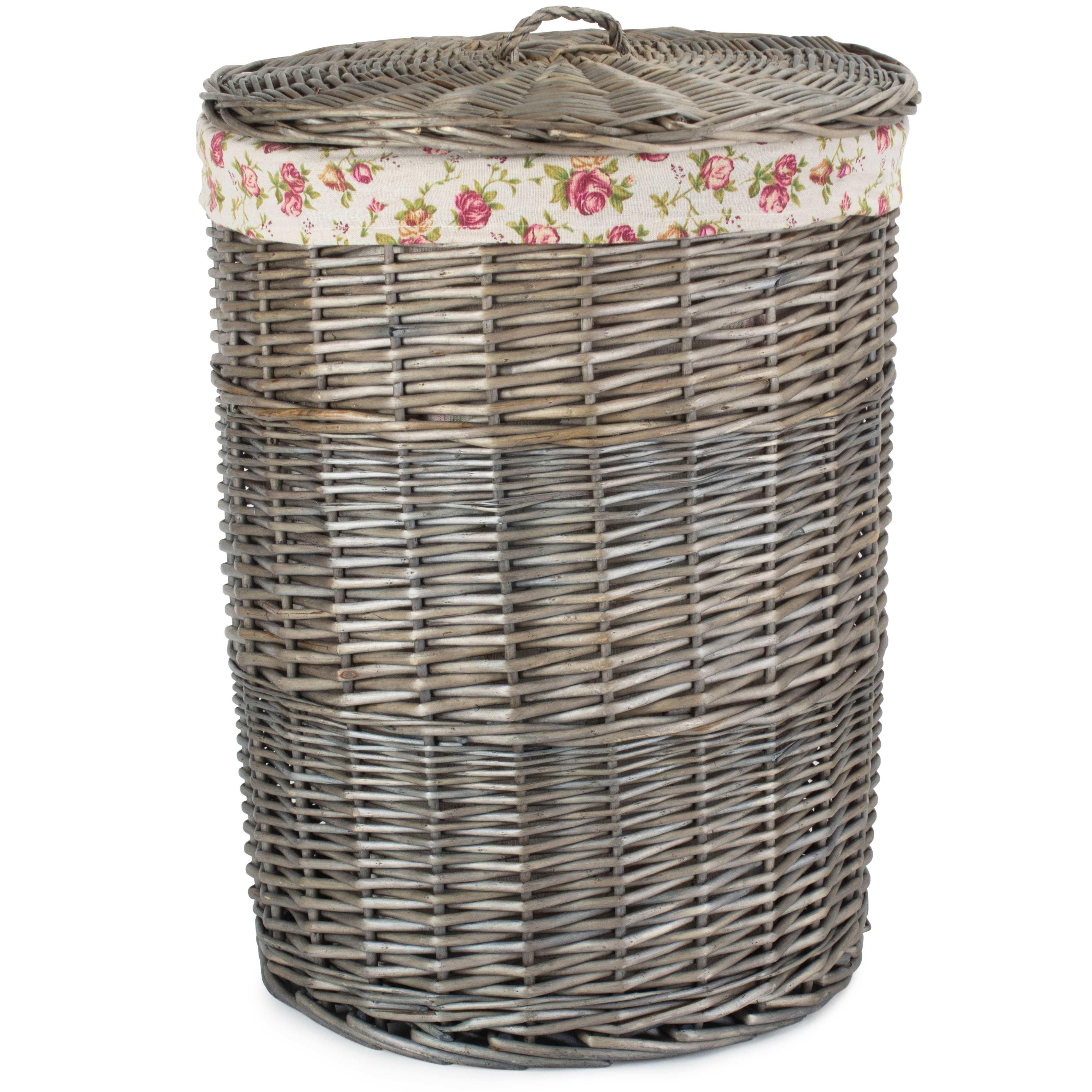 Cotton Lined Wicker Antique Wash Round Laundry Baskets